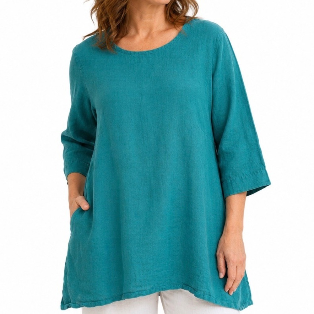 FLAX Jeanne Engelhart 100% Linen Teal Turquoise Tunic Top Oversized Boxy Pockets